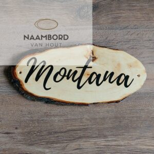 Naambord van hout ovaal met schors 35cm